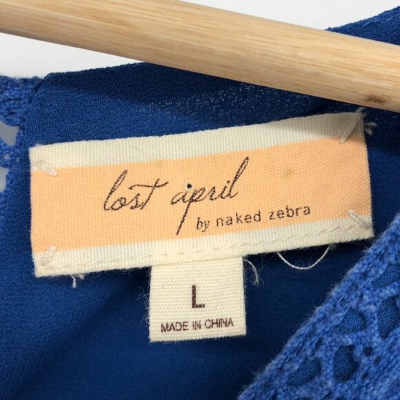 Lost April Cobalt Blue Lace trim  V-neck Chiffon Sleeveless Blouse LG - Picture 3 of 13